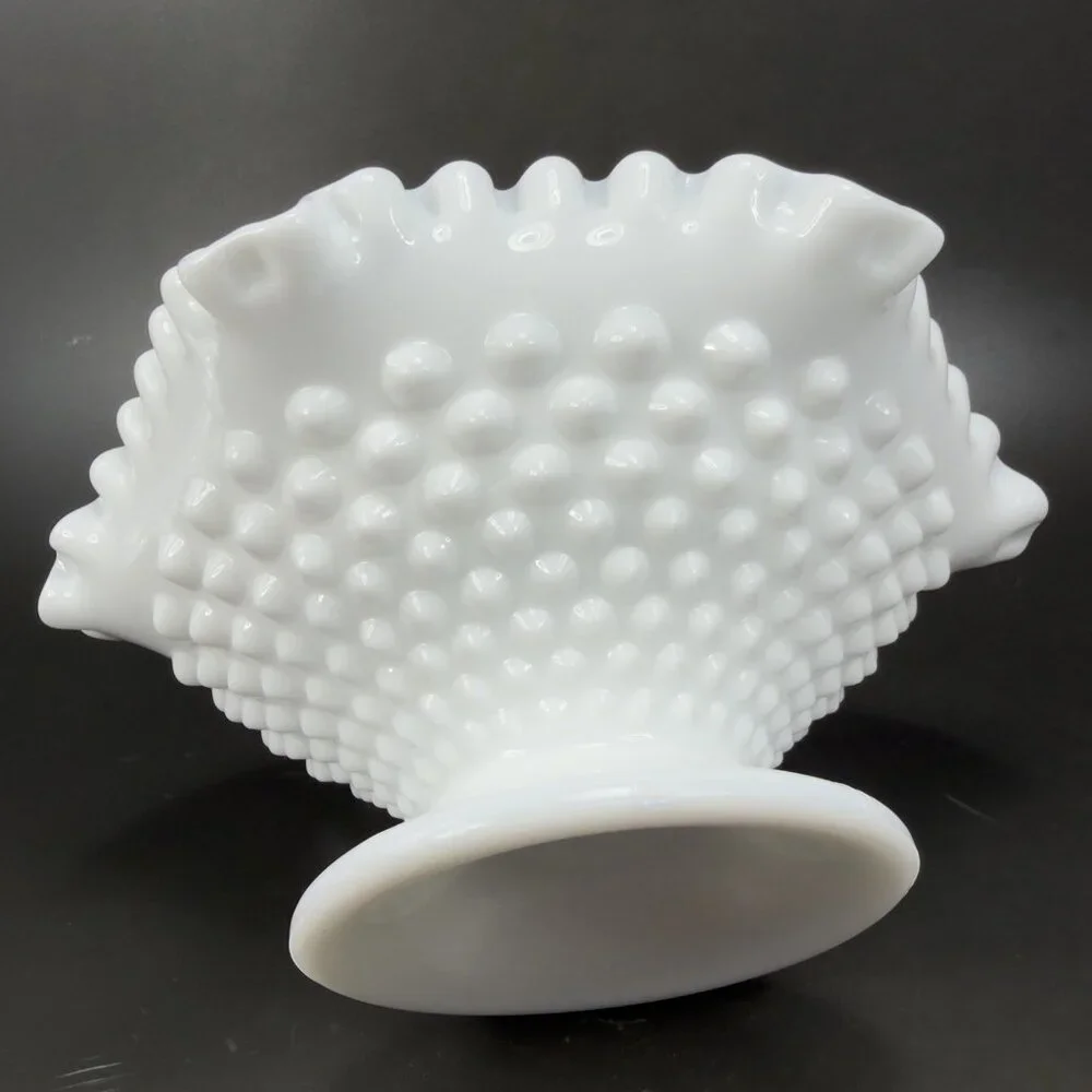 Fenton‎ Hobnail Milk Glass Ruffled Edge Footed Dish Bowl Container White Vintage